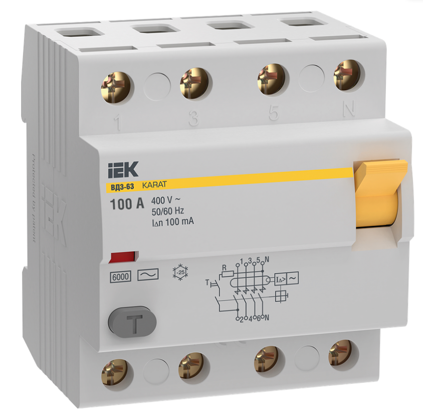 Выключатель дифференциального тока IEK ВД3-63 (УЗО) 4п 100А 100мА 6кА тип AC купить с доставкой по РФ