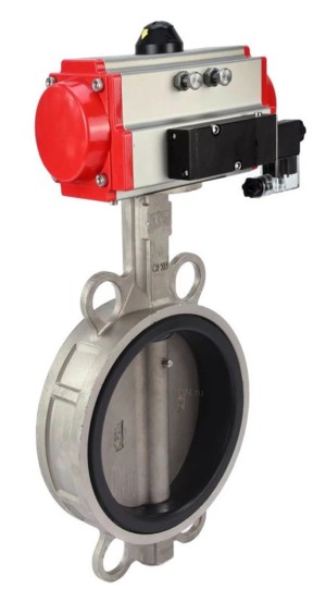 Затвор дисковый поворотный DN.ru WBV3232N-2W-Fb-H Ду150 Ру16, корпус - нержавеющая сталь 316L, диск - нержавеющая сталь 316L, уплотнение - NBR, с пневмоприводом DN.ru PA-DA-130, пневмораспределителем 4V320-10 220В и БПВ AFC2000