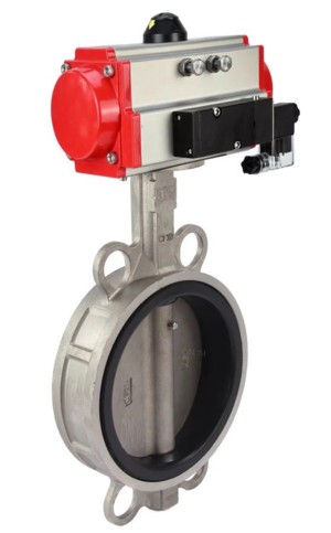 Затвор дисковый поворотный DN.ru WBV3232N-2W-Fb-H Ду150 Ру16, корпус - нержавеющая сталь 316L, диск - нержавеющая сталь 316L, уплотнение - NBR, с пневмоприводом DN.ru PA-DA-130, пневмораспределителем 4V320-08 220В и БПВ AFC2000