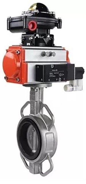 Затвор дисковый поворотный DN.ru WBV3232N-2W-Fb-H Ду150 Ру16, корпус - нержавеющая сталь 316L, диск - нержавеющая сталь 316L, NBR, с пневмоприводом DN.ru PA-DA-130, пневмораспределителем 4V320-08 220В, БКВ APL-510N EX и БПВ AFC2000