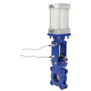 Задвижка шиберная DN.ru GVKR1331E-1W-Fb-2P Ду125 Ру10 межфланцевая, шпиндель - выдвижной, корпус - чугун GGG40, уплотнение - EPDM, с пневмоприводом, WENZ, индукц.датчиками LJ12A3-4-Z/EX 24В