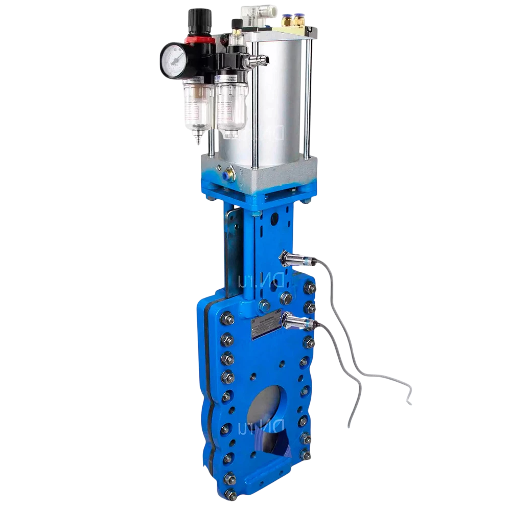 Задвижка шиберная со сквозным ножом DN.ru GVKRT3431N-2W-Fb-2P Ду250 Ру10 межфланцевая, корпус - углерод.сталь WCB, шибер - нерж.сталь 304, уплотнение - NBR, с пневмоприводом, пн/распределителем 4V210-08 24В, индукцион.датчиками LJ12A3-4-J/EZ и БПВ... купить с доставкой по РФ