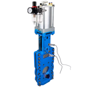 Задвижка шиберная со сквозным ножом DN.ru GVKRT3431N-2W-Fb-2P Ду250 Ру10 межфланцевая, корпус - углерод.сталь WCB, шибер - нерж.сталь 304, уплотнение - NBR, с пневмоприводом, пн/распределителем 4V210-08 220В, индукц.датчиками LJ12A3-4-J/EZ и БПВ A...