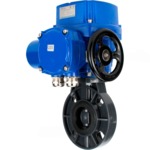 Затвор дисковый поворотный DN.ru WBV4242E-2W-Fb-ISO Дн200 Ру10 межфланцевый, корпус - НПВХ, диск - НПВХ, уплотнение - EPDM, с электроприводом DN.ru QT-N-020M-O2-220VAC-У1 с моментной муфтой и штурвалом купить с доставкой по РФ