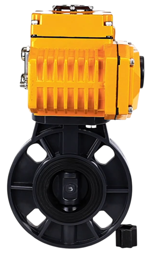 Затвор дисковый поворотный DN.ru WBV4242E-2W-Fb-ISO Дн100 Ру10 межфланцевый, корпус - НПВХ, диск - НПВХ, уплотнение - EPDM, с электроприводом DN.ru QT-N-005EM-B1-220VAC-У1 c датчиком обратной связи и входным управляющим сигналом 0-10