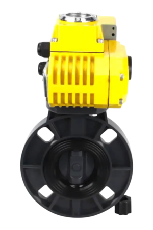 Затвор дисковый поворотный DN.ru WBV4242E-2W-Fb-ISO Дн50 Ру10 межфланцевый, корпус - НПВХ, диск - НПВХ, уплотнение - EPDM, с электроприводом DN.ru QT-N-005EM-A1-24VDC-У1 c датчиком обратной связи и входным управляющим сигналом 4-20мА