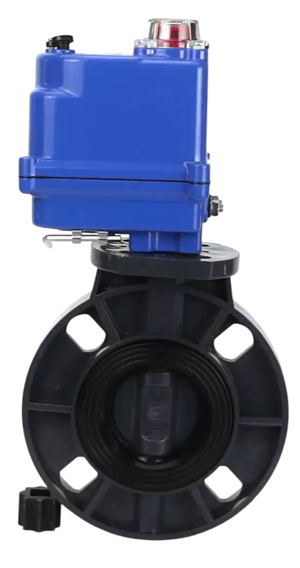 Затвор дисковый поворотный DN.ru WBV4242E-2W-Fb-ISO Дн50 Ру10 межфланцевый, корпус - НПВХ, диск - НПВХ, уплотнение - EPDM, с электроприводом DN.ru QT-N-003EM-O1-220VAC-У1 blue