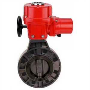 Затвор дисковый поворотный DN.ru WBV4242E-2W-Fb-ISO Дн150 Ру10 межфланцевый, корпус - НПВХ, диск - НПВХ, уплотнение - EPDM, с электроприводом взрывозащищенный DN.ru QT-EX-005M-O2-220VAC-У1 с моментной муфтой и штурвалом