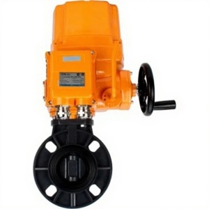 Затвор дисковый поворотный DN.ru WBV4242E-2W-Fb-ISO Дн65 Ру10 межфланцевый, корпус - НПВХ, диск - НПВХ, уплотнение - EPDM, с электроприводом взрывозащищенный DN.ru QT-EX-010EM-O2-220VAC-У1