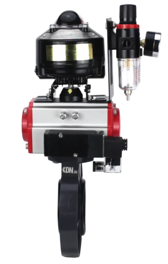 Затвор дисковый поворотный DN.ru WBV4242E-2W-Fb-ISO Дн125 Ру10 межфланцевый, корпус - НПВХ, диск - НПВХ, уплотнение - EPDM, с пневмоприводом PA-DA-065, пневмораспределителем 4M310-08 24В, БКВ APL-510N EX и БПВ AFC2000 купить с доставкой по РФ