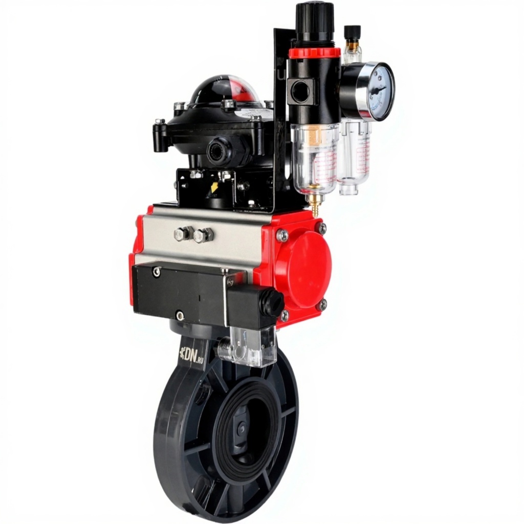 Затвор дисковый поворотный DN.ru WBV4242E-2W-Fb-ISO Дн50 Ру10 межфланцевый, корпус - НПВХ, диск - НПВХ, уплотнение - EPDM, с пневмоприводом PA-DA-052, пневмораспределителем 4M310-08 24В, БКВ APL-210N и БПВ AFC2000 купить с доставкой по РФ