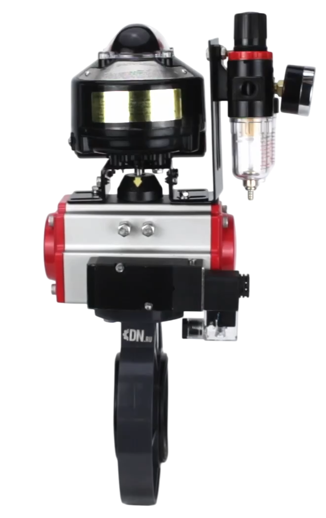 Затвор дисковый поворотный DN.ru WBV4242E-2W-Fb-ISO Дн50 Ру10 межфланцевый, корпус - НПВХ, диск - НПВХ, уплотнение - EPDM, с пневмоприводом PA-DA-052, пневмораспределителем 4M310-08 220В, БКВ APL-510N EX и БПВ AFC2000 купить с доставкой по РФ