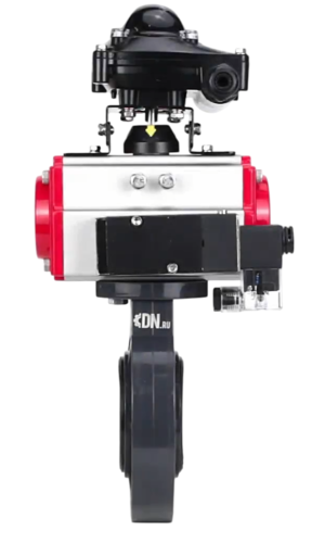 Затвор дисковый поворотный DN.ru WBV4242E-2W-Fb-ISO Дн100 Ру10 межфланцевый, корпус - НПВХ, диск - НПВХ, уплотнение - EPDM, с пневмоприводом PA-DA-065, пневмораспределителем 4M310-08 220В и БКВ APL-210N