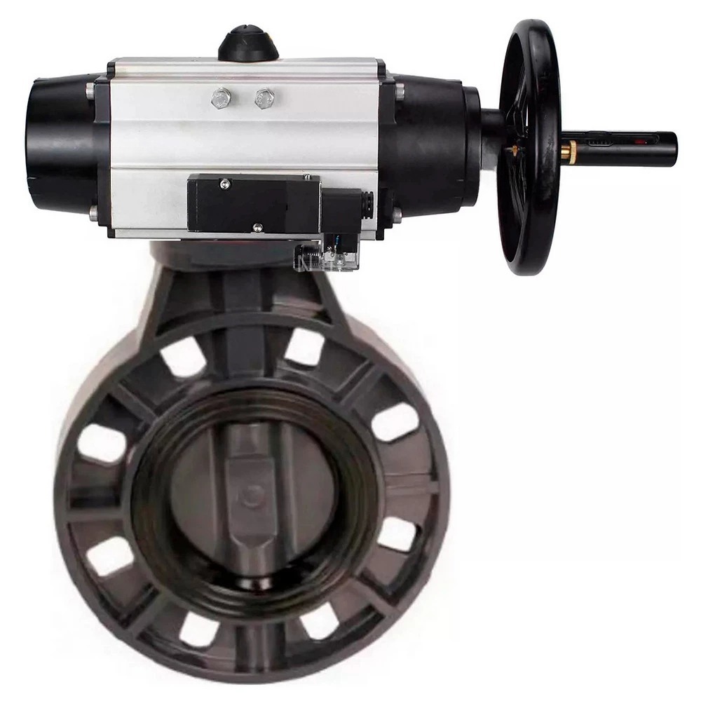 Затвор дисковый поворотный DN.ru WBV4242E-2W-Fb-ISO Дн125 Ру10 межфланцевый, корпус - НПВХ, диск - НПВХ, уплотнение - EPDM, с пневмоприводом PA-DA-105-1 и пневмораспределителем 4V320-08 220В купить с доставкой по РФ