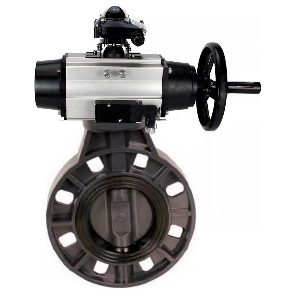 Затвор дисковый поворотный DN.ru WBV4242E-2W-Fb-ISO Дн80 Ру10 межфланцевый, корпус - НПВХ, диск - НПВХ, уплотнение - EPDM, с пневмоприводом PA-DA-105-1, пневмораспределителем 4M310-08 24В и БКВ APL-210N купить с доставкой по РФ