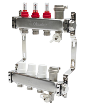 Коллекторы Okseler с расходомерами и автоматическими воздухоотводчиками 3 выхода, 1 x 3/4