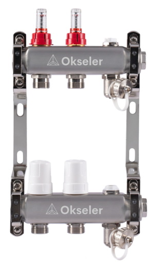 Блоки коллекторные Okseler с расходомерами, дренажным краном и краном Маевского 2 выхода, 1 x 3/4