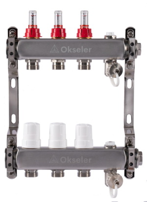 Блоки коллекторные Okseler с расходомерами, дренажным краном и краном Маевского 3 выхода, 1 x 3/4