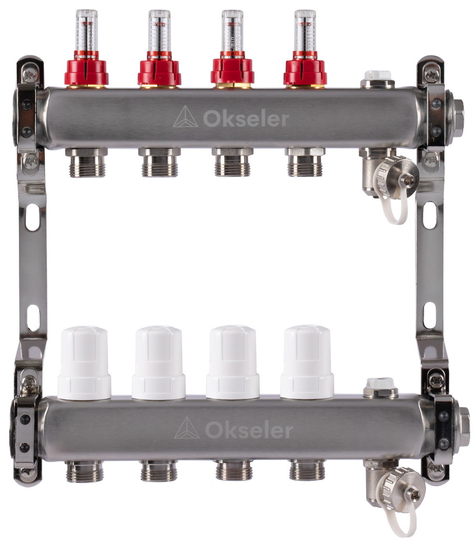 Блоки коллекторные Okseler с расходомерами, дренажным краном и краном Маевского 4 выхода, 1 x 3/4 купить с доставкой по РФ