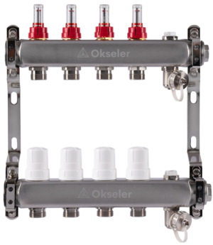 Блоки коллекторные Okseler с расходомерами, дренажным краном и краном Маевского 4 выхода, 1 x 3/4