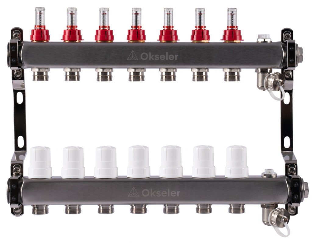 Блоки коллекторные Okseler с расходомерами, дренажным краном и краном Маевского 8 выходов, 1 x 3/4 купить с доставкой по РФ
