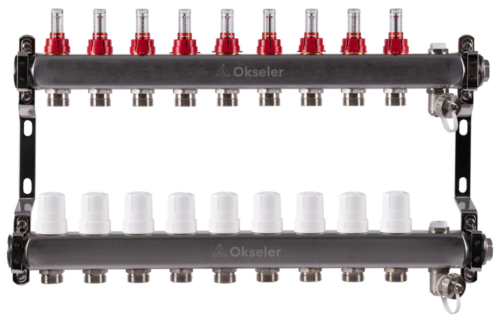 Блоки коллекторные Okseler с расходомерами, дренажным краном и краном Маевского 9 выходов, 1 x 3/4 купить с доставкой по РФ