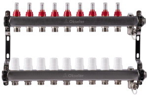Блоки коллекторные Okseler с расходомерами, дренажным краном и краном Маевского 9 выходов, 1 x 3/4