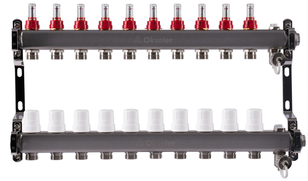 Блоки коллекторные Okseler с расходомерами, дренажным краном и краном Маевского 10 выходов, 1 x 3/4 купить с доставкой по РФ