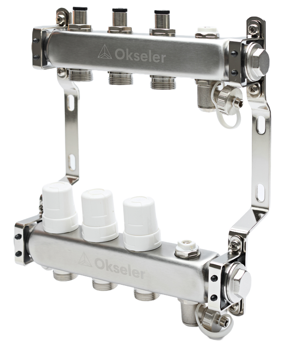 Коллекторы Okseler с регулировочными клапанами, c дренажным краном и краном Маевского 10 выходов, 1 x 3/4 купить с доставкой по РФ