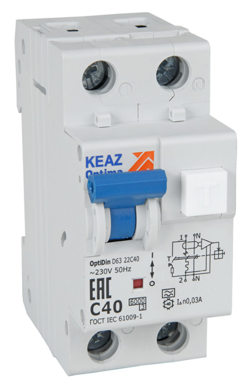 Автоматический выключатель дифференциального тока 2П 20А 30мА КЭАЗ характеристика С OptiDin D63-22C20-A-У3 6кА купить с доставкой по РФ