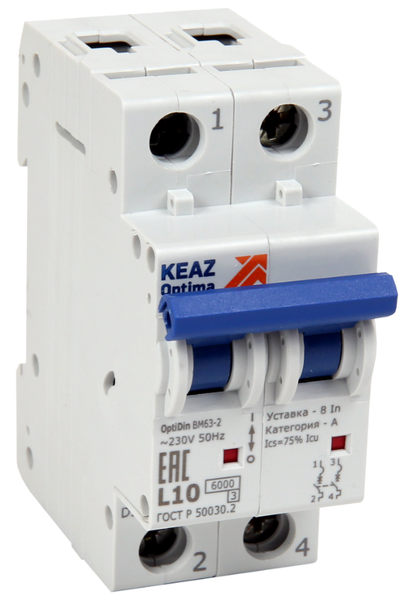 Выключатель автоматический двухполюсный КЭАЗ 6А L 6кА AC OptiDin BM63-2L6-УХЛ3 купить с доставкой по РФ
