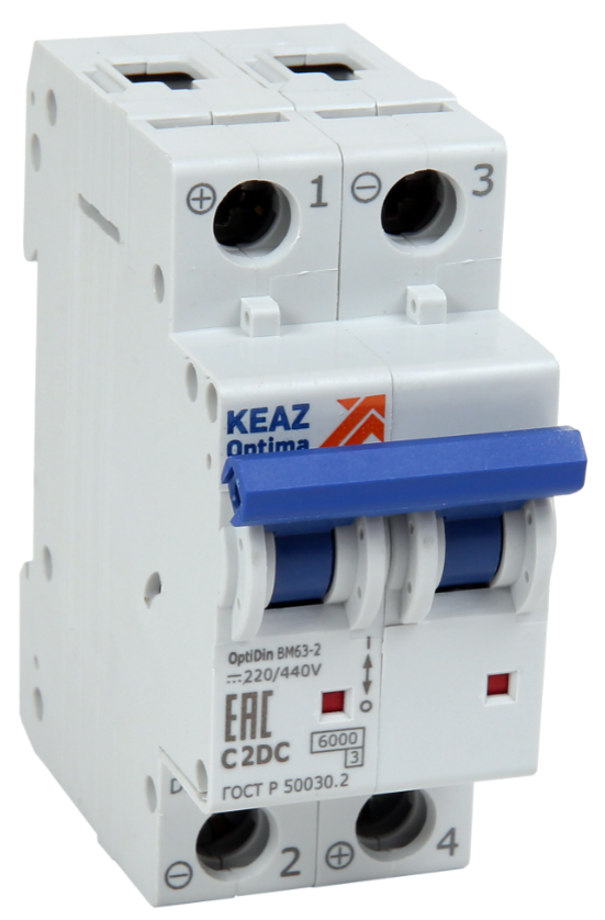 Выключатель автоматический двухполюсный 6А C 10кА DC КЭАЗ OptiDin BM63-2C6-DC-ОМ4-РЕГ купить с доставкой по РФ