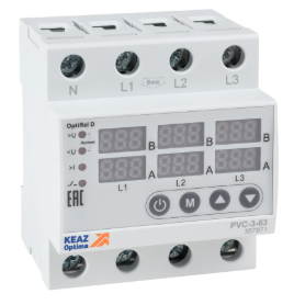 Реле напряжения КЭАЗ OptiRel D PVC-3-63 с ЖК-дисплеем и контролем тока 3Ф 63 А