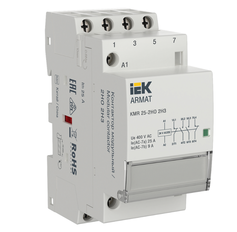 Контактор IEK модульный 25А 24В 2НО 2НЗ AC/DC KMR ARMAT AR-AC купить с доставкой по РФ