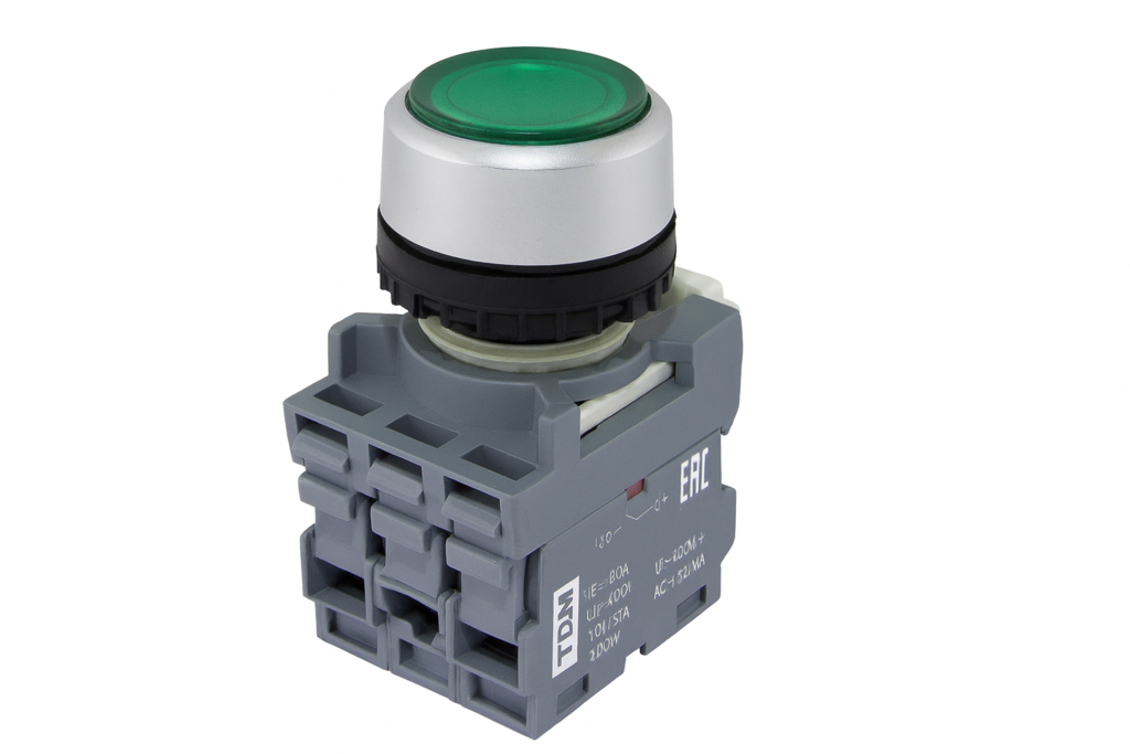 Кнопка с фиксацией TDM MP2-21G(LED) в сборе d22мм/24В 1з+1р зеленая купить с доставкой по РФ