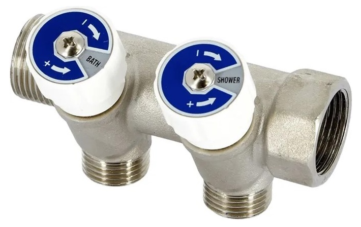 Коллектор Uni-fit НВ 3/4" х 2 вых 1/2" 40 мм с вентилями, никелированный купить с доставкой по РФ