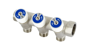 Коллектор Uni-fit НВ 3/4" х 3 вых 1/2" 40 мм с вентилями, никелированный