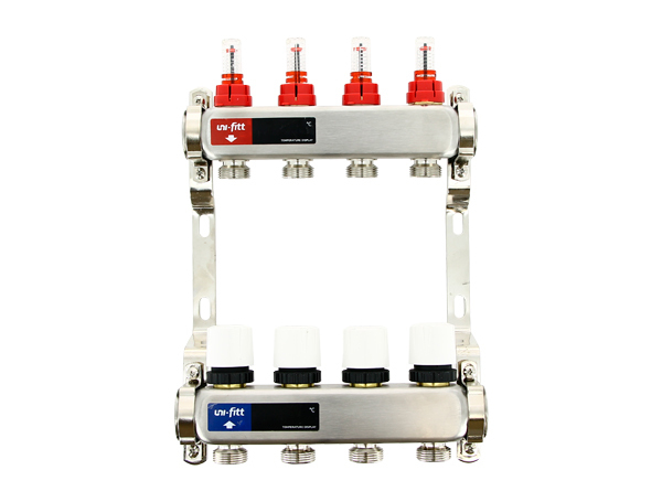 Коллектор Uni-fitt 1" х 9 вых 3/4" с расходомерами и термостатическими вентилями без конц, нерж. сталь купить с доставкой по РФ