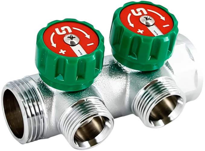 Коллектор Uni-fitt НВ 1" 2 х 3/4" EK 45 мм с выходами под 90', хромированный с вентилями купить с доставкой по РФ