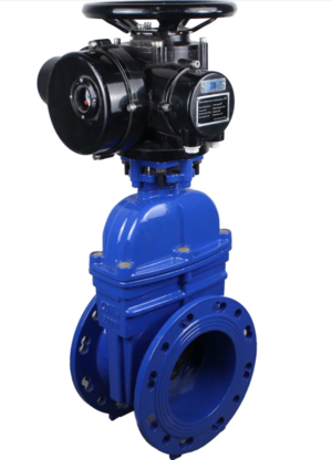 Задвижка клиновая 30ч939р (аналог МЗВ) DN.ru GVWN1414E-2W-F Ду80 Ру10/16 фланцевая, клин - обрезиненный, шпиндель - невыдвижной, корпус - чугун, уплотнение - EPDM, c ОСТ-фланцем с электроприводом DN.ru MT-N-005EM-O2-380VAC-У1 пятикулачковым