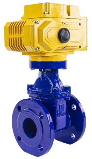 Задвижка клиновая 30ч939р DN.ru GVWN1414E-2W-F Ду300 Ру10 фланцевая, с обрезиненным клином, с невыдвижным шпинделем, корпус - чугун GGG-50, уплотнение - EPDM, цвет - синий, шток 25, с электроприводом DN.ru MT-N-030EM-O1-220VAC-У1 220В