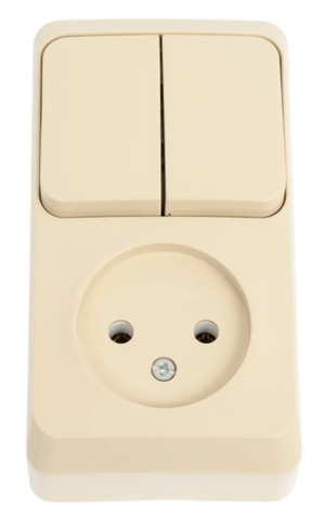 Комбинированное устройство Systeme Electric ЭТЮД Крем Блок: Розетка без заземляющих контактов+ выключатель 2-клавишный открытая установка BPA16-205K