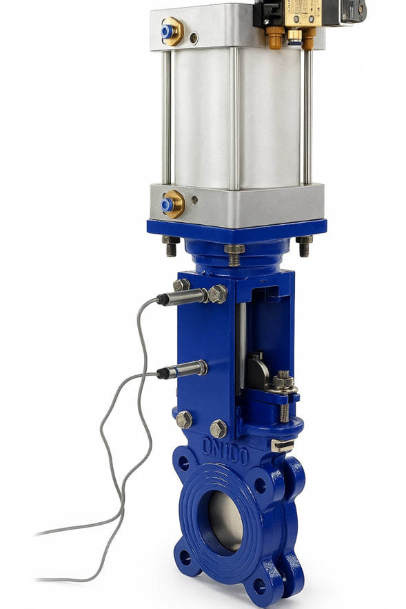 Задвижка шиберная ножевая DN.ru GVKR3431M-1W-Fb-2P Ду125 Ру10 межфланцевая, с выдвижным шпинделем, корпус - сталь WCB, уплотнение - METAL, с пневмоприводом и индукционными датчиками LJ12A3-4-J/EZ 220В купить с доставкой по РФ