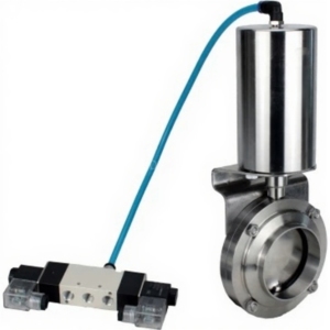 Затвор дисковый поворотный DN.ru WBV3131S-2W-W-H Ду25 Ру10 пищевая нержавеющая сталь 304, уплотнение – Silicon, под приварку, с пневмоприводом DN.ru PA-SA-85 и пневмораспределителем DN.ru 4V320-10 220В