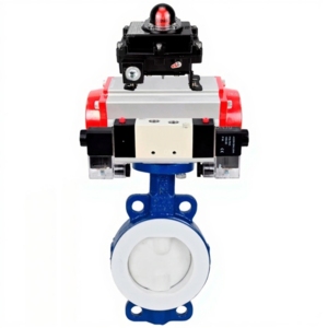 Затвор дисковый поворотный DN.ru WBV3434Pf-2W-Fb-R Ду250 Ру16 корпус - углеродистая сталь WCB, диск - углеродистая сталь WCB, футерованный PTFE, уплотнение - PTFE, с пневмоприводом DN.ru PA-DA-130, пневмораспределителем DN.ru 4V320-10 220В и БКВ D...