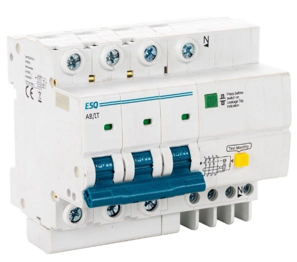 Дифавтомат ESQ АВДТ63C-6 С 3P+N 30G 0063 63A/30мА/6кА/хар-ка С (электр., тип AC) купить с доставкой по РФ