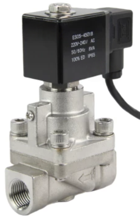 Клапан электромагнитный на высокое давление DN.ru VS931-PT-NC-24VDC 2" Ду50 Ру6-80 соленоидный двухходовой поршневой. корпус - нержавеющая сталь 304. уплотнение - PTFE. резьбовой. пилотного действия. нормально закрытый. катушка - 24В