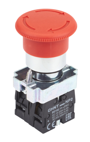 Кнопка управления "Грибок" 40мм фиксацией CHINT NP2-BS545 без подсветки красная 1НО+1НЗ, IP40