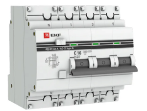 Выключатель автоматический EKF дифференциальный АД-32 3P+N 16А/10мА (хар. C, A, электронный, защита 270В) 6кА