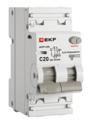 Устройство защитного отключения EKF PROXIMA EKFАВДТ-63N 1P+N 20А 30мА х-ка C тип AC электромеханический 6кА